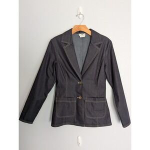 Y2K‎ CLIO Denim Jacket Blazer Dark Wash Contrast Stitch Business Casual